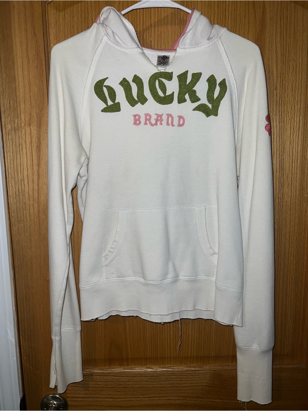 Vintage Lucky Brand Women's Cream Hoodie Sweatshirt with Green/Pink Logo